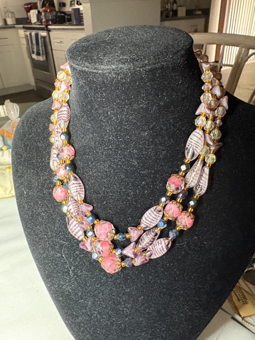Pink Multi-Strand Beaded Necklace with Gold Accents